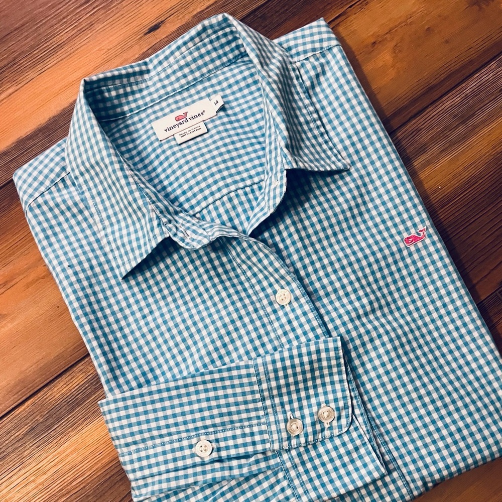 Vineyard Vines Teal and White Gingham Button Down Shirt